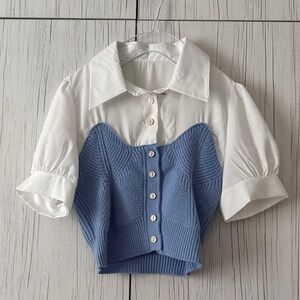 Elegant White and Blue Women's Blouse